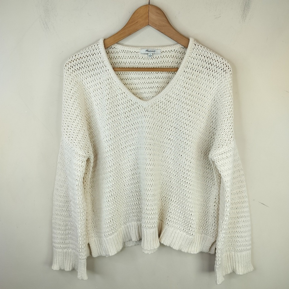 Madewell V-Neck Sweater Airy Open Knit Boxy Cotton Blend Off White